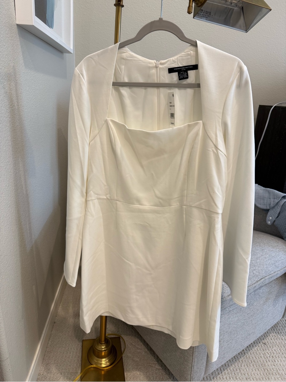 French Connection White Long Sleeve Sweetheart Neckline Mini Dress